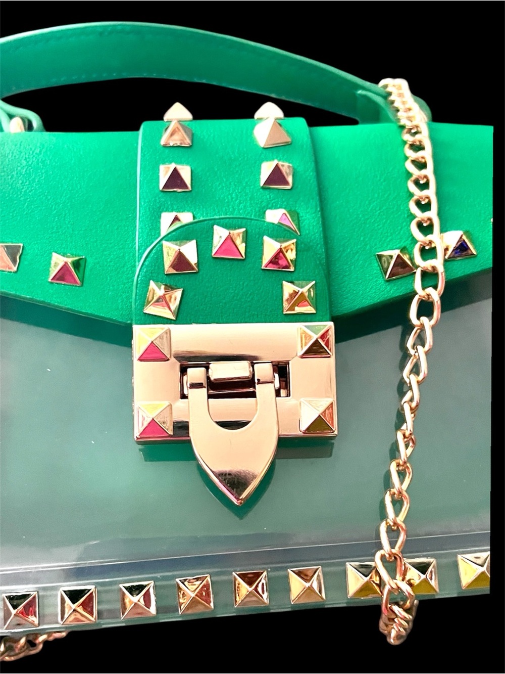 Green & Clear Crossbody Bag. Gold-tone studs, removable chain strap & clasp.NWOT